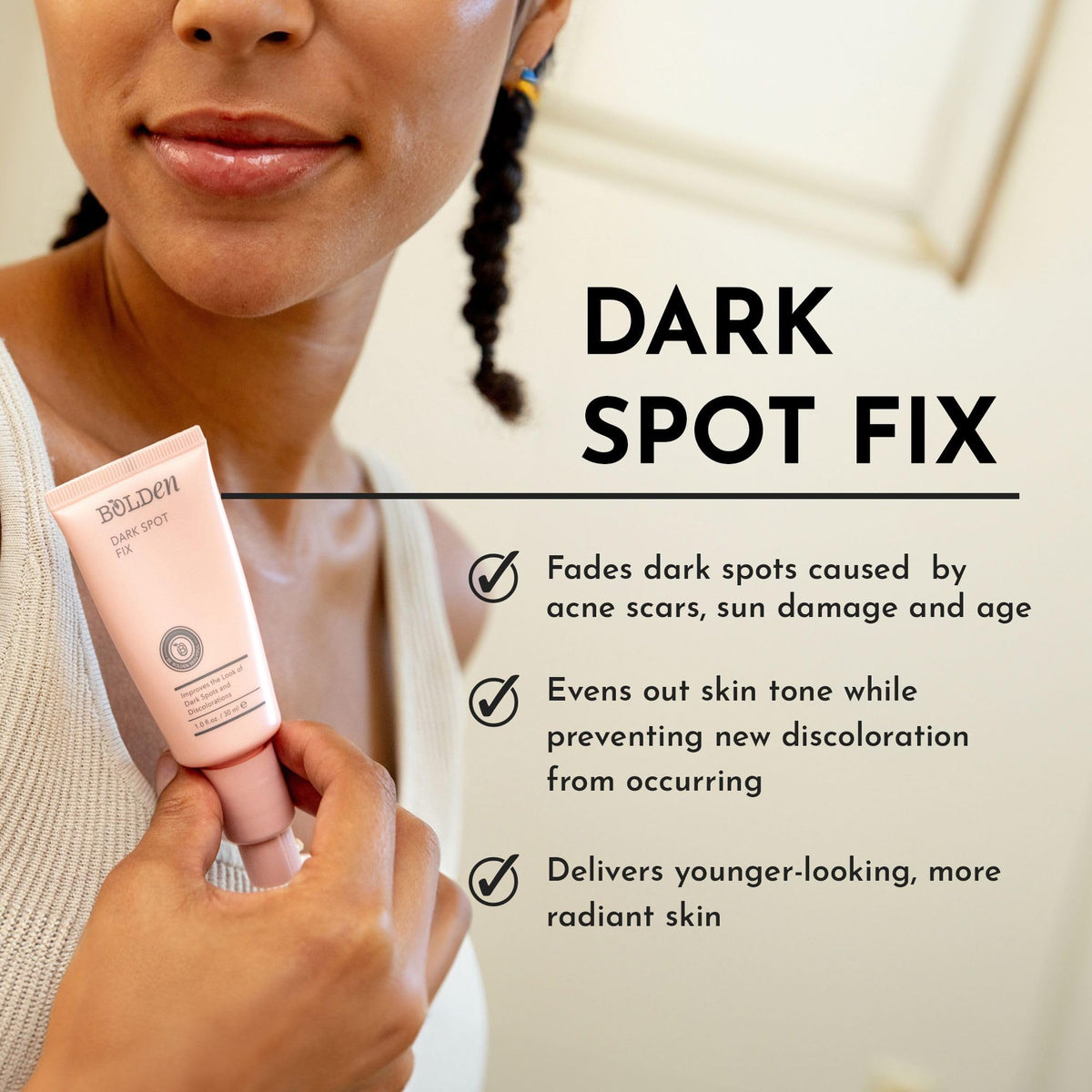 BOLDEN close-up of ingredient label highlighting active brightening ingredients benefit