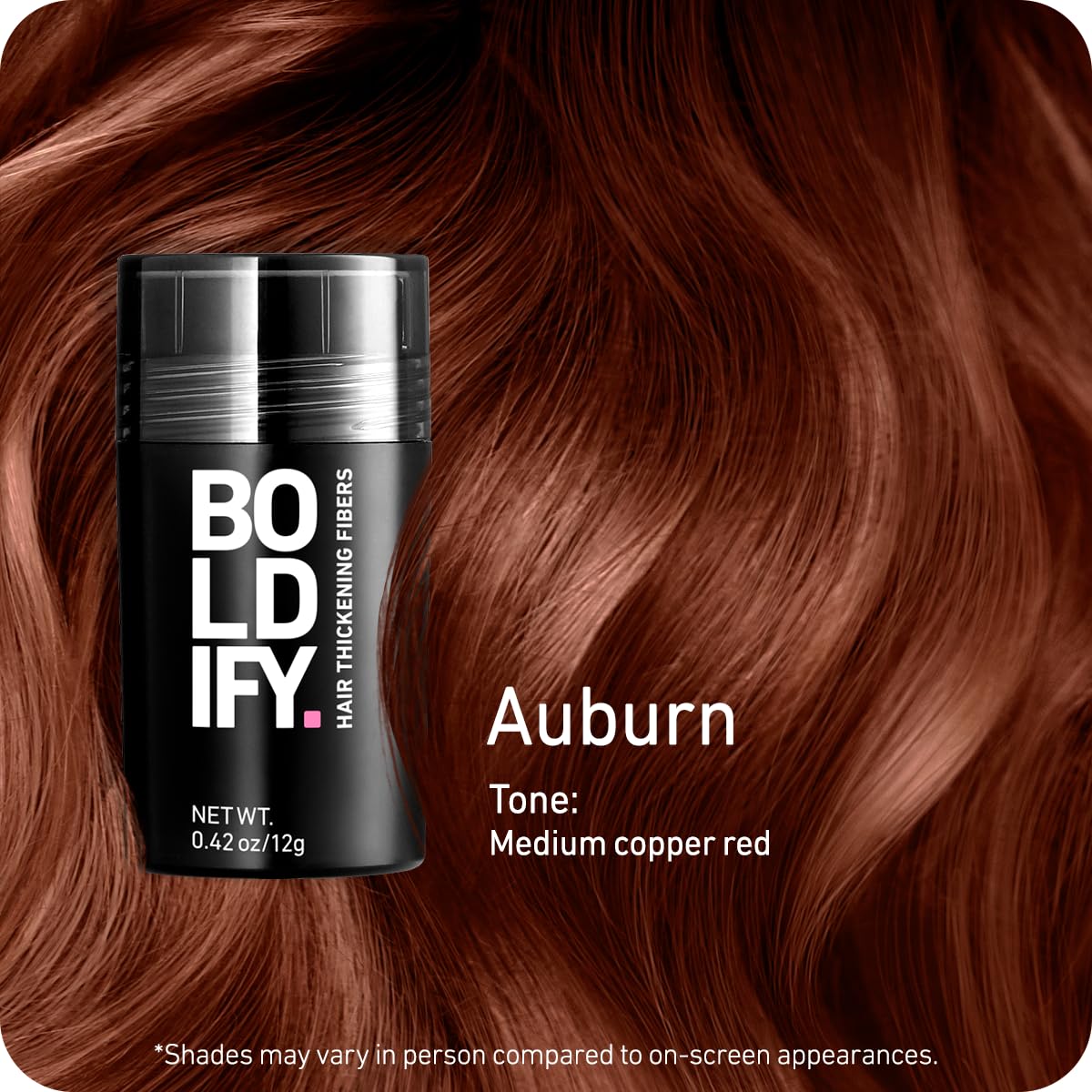 Close-up of Boldify auburn fibers texture for seamless blending