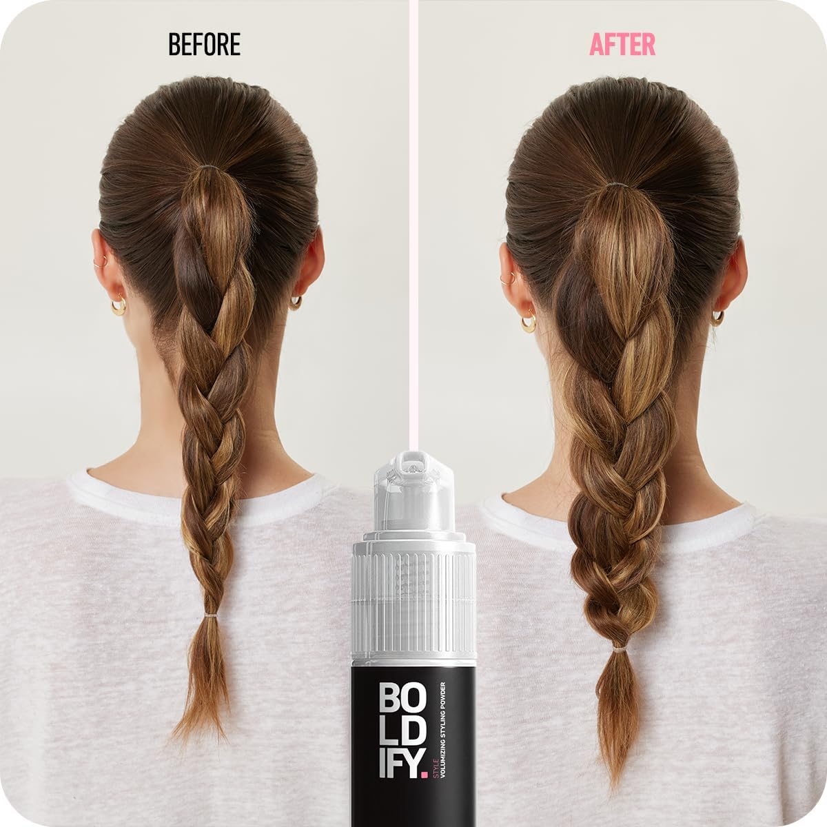 Boldify before and after side-by-side showing fuller hair results