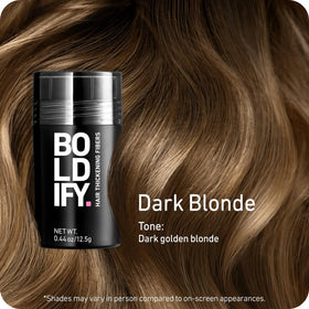Boldify Dark Blonde open jar close-up showing fine fibers and easy pickup