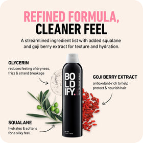 Boldify spray being applied at roots to create immediate lift and grip