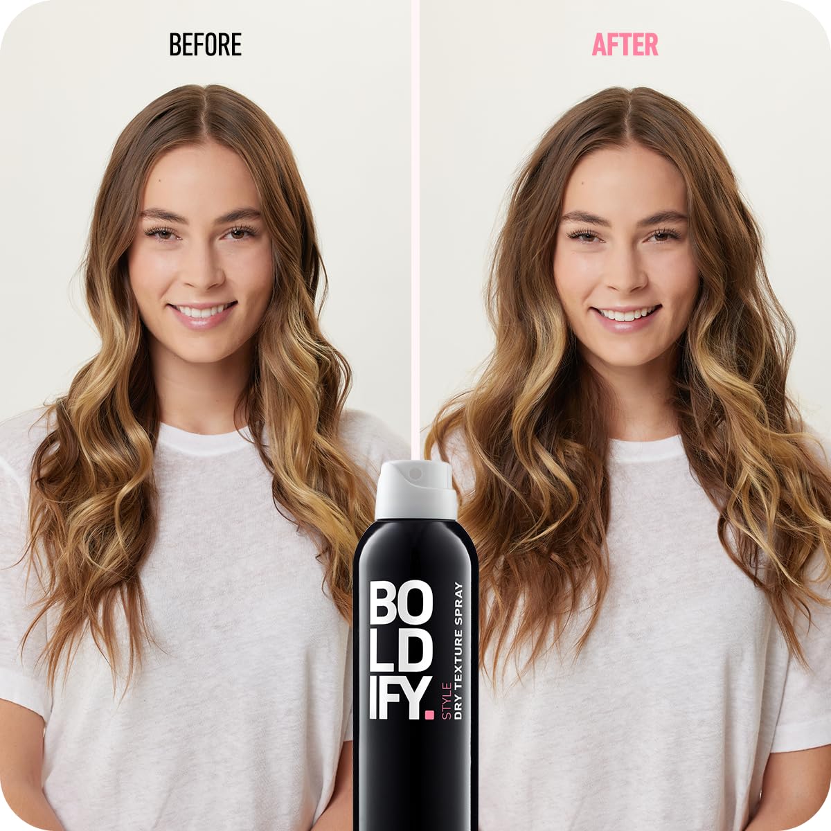 Boldify before and after on fine hair showing fuller-looking strands