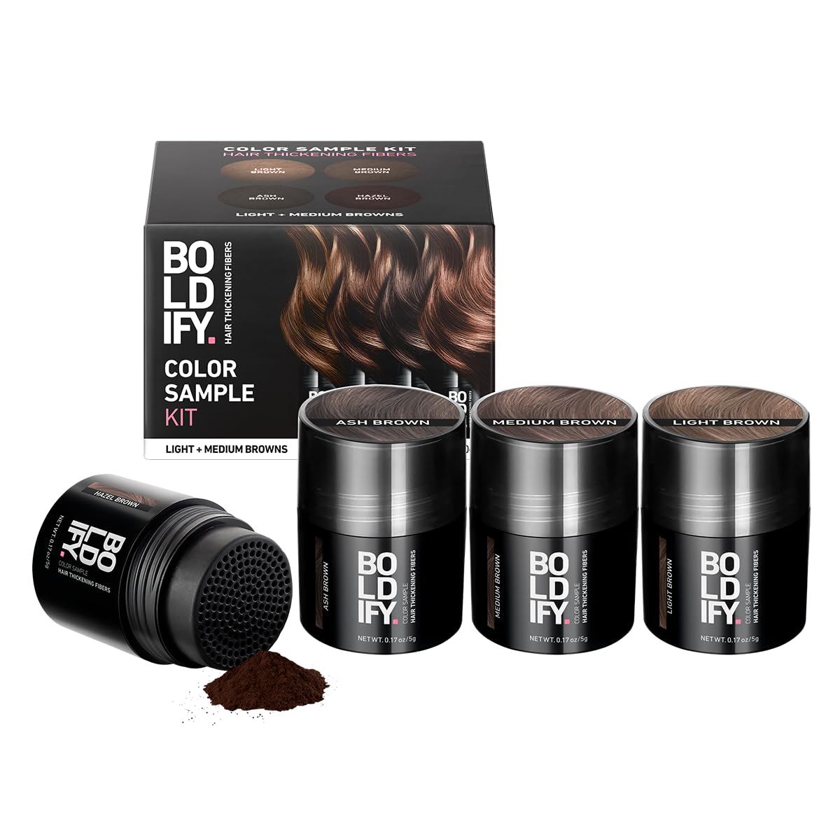 Boldify front sample kit showing 14 shade options and quick matching benefit