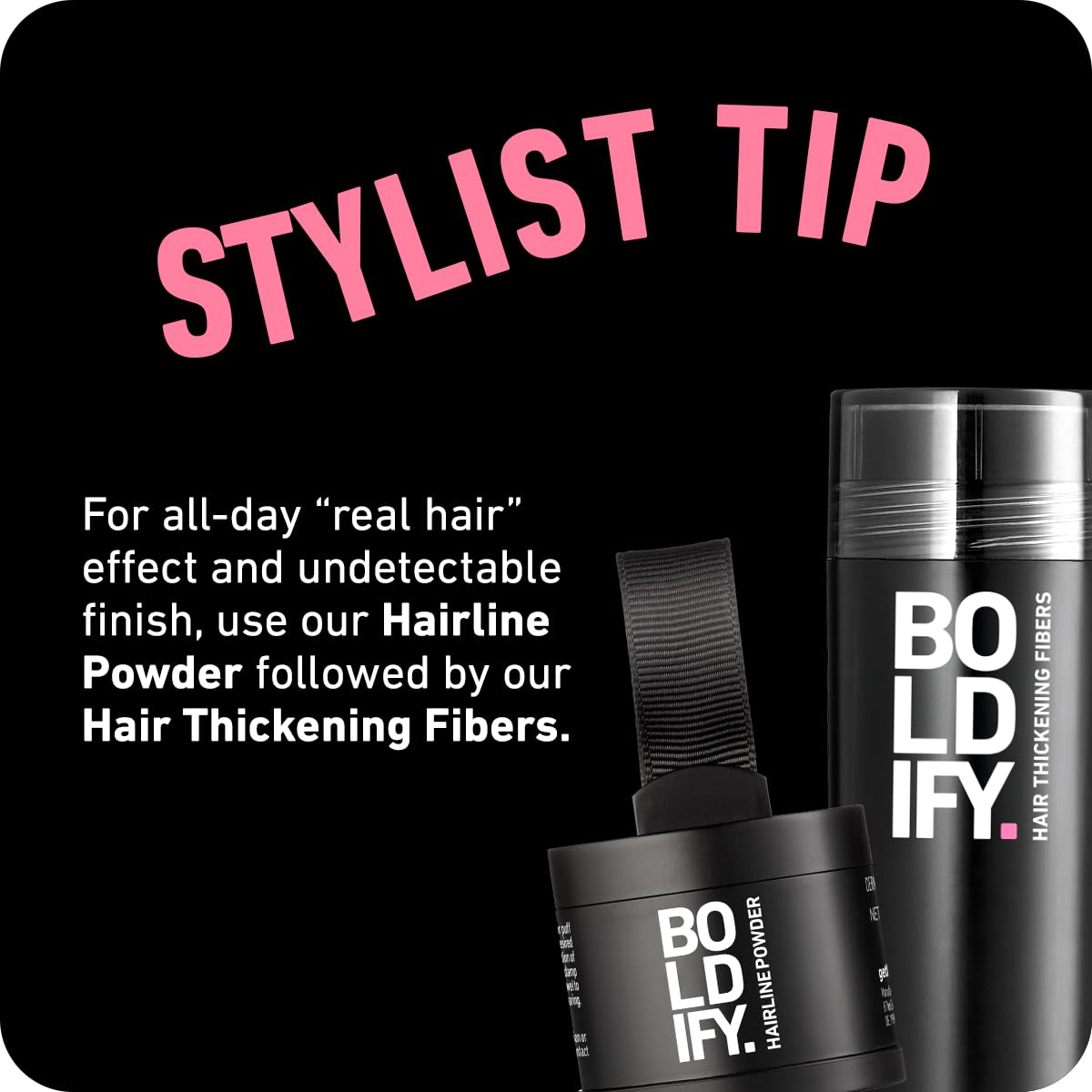 Boldify lifestyle shot applying fibers in mirror for fast confidence boost