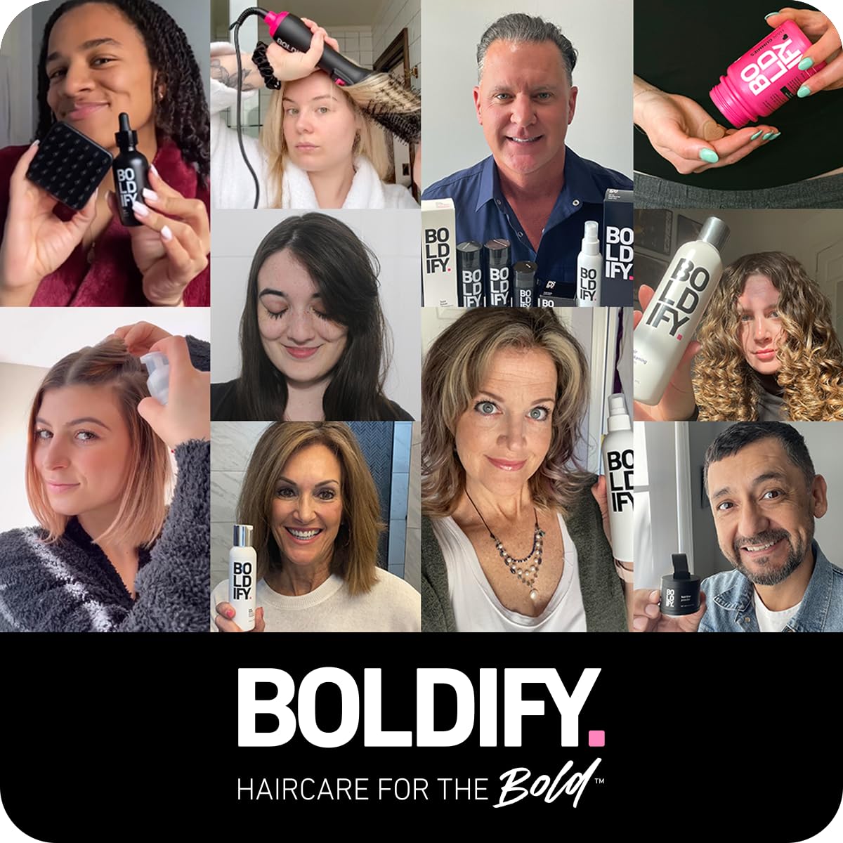 Boldify in a lifestyle shot with styled hair and fuller-looking volume