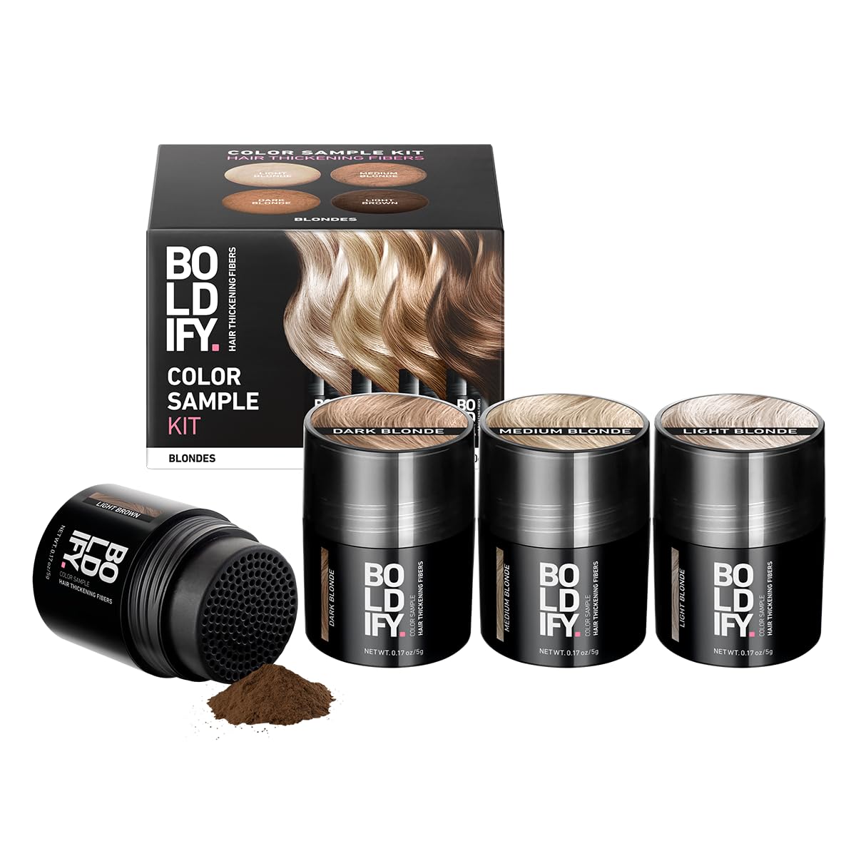 Boldify packaging front of blonde sample kit showing contents and benefits