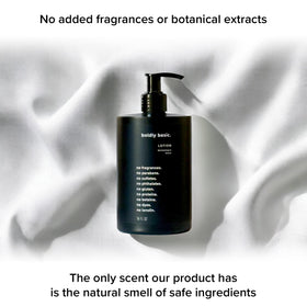 Boldly Basic lotion on bathroom counter conveying everyday gentle moisturizing use