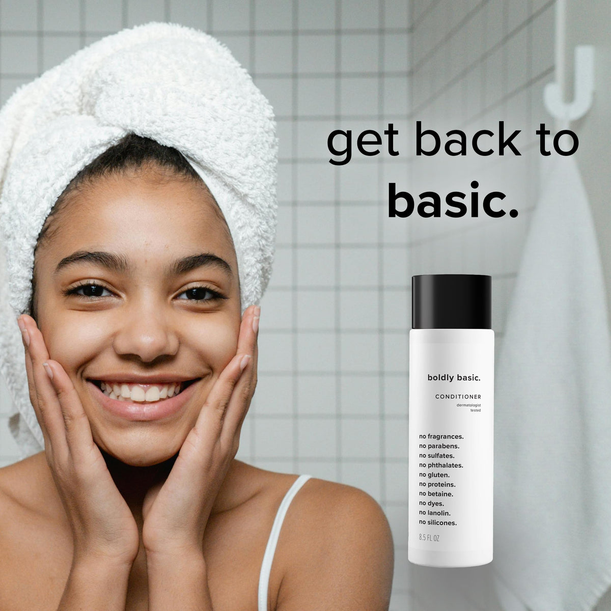 Boldly Basic conditioner applied in shower for gentle detangling