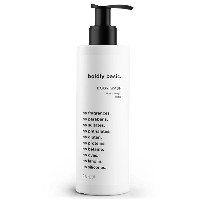 Boldly Basic front bottle showing clean design and gentle formula benefit