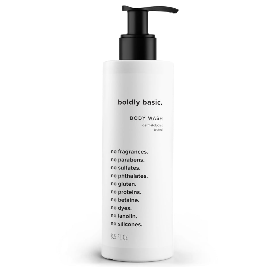 Boldly Basic front bottle showing clean design and gentle formula benefit