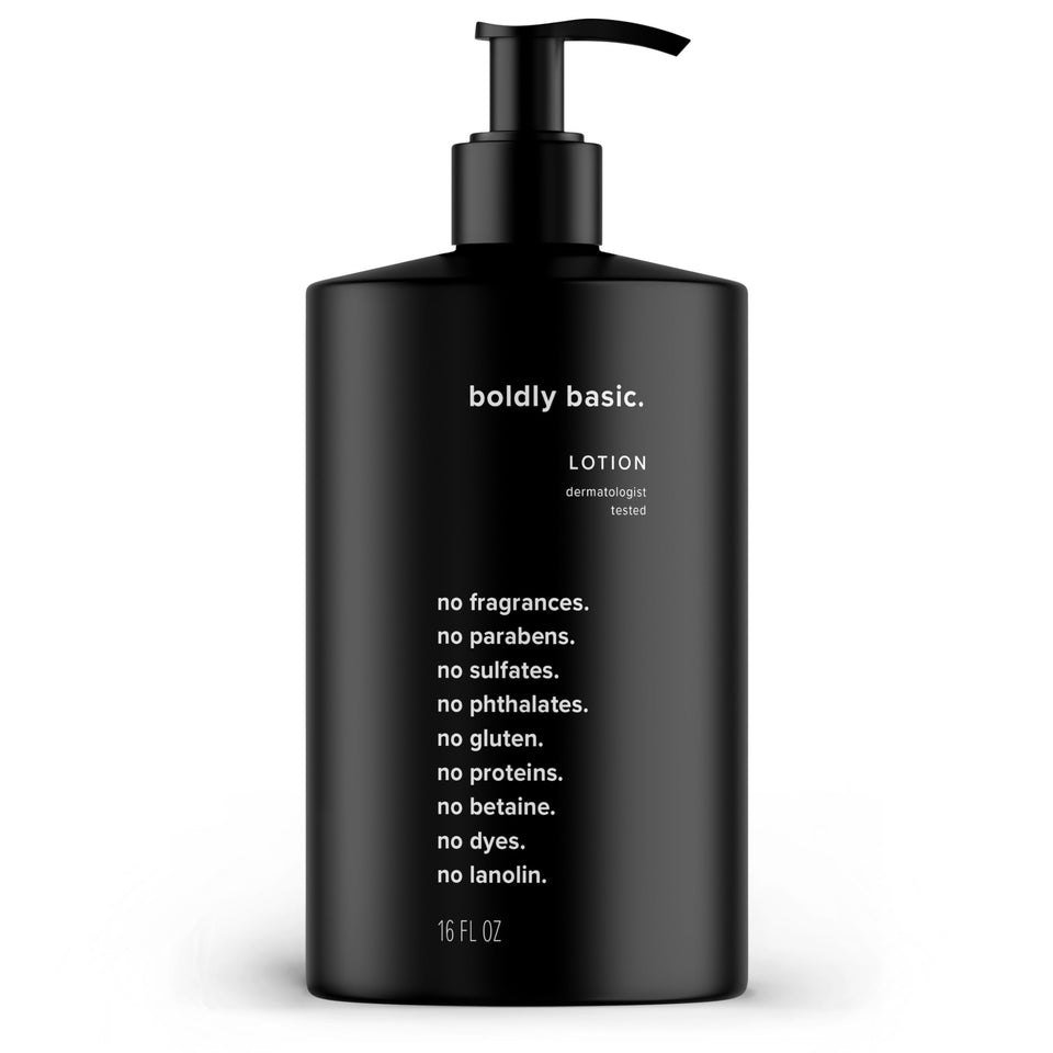 Boldly Basic front label showing 16 oz bottle and clear unscented benefit