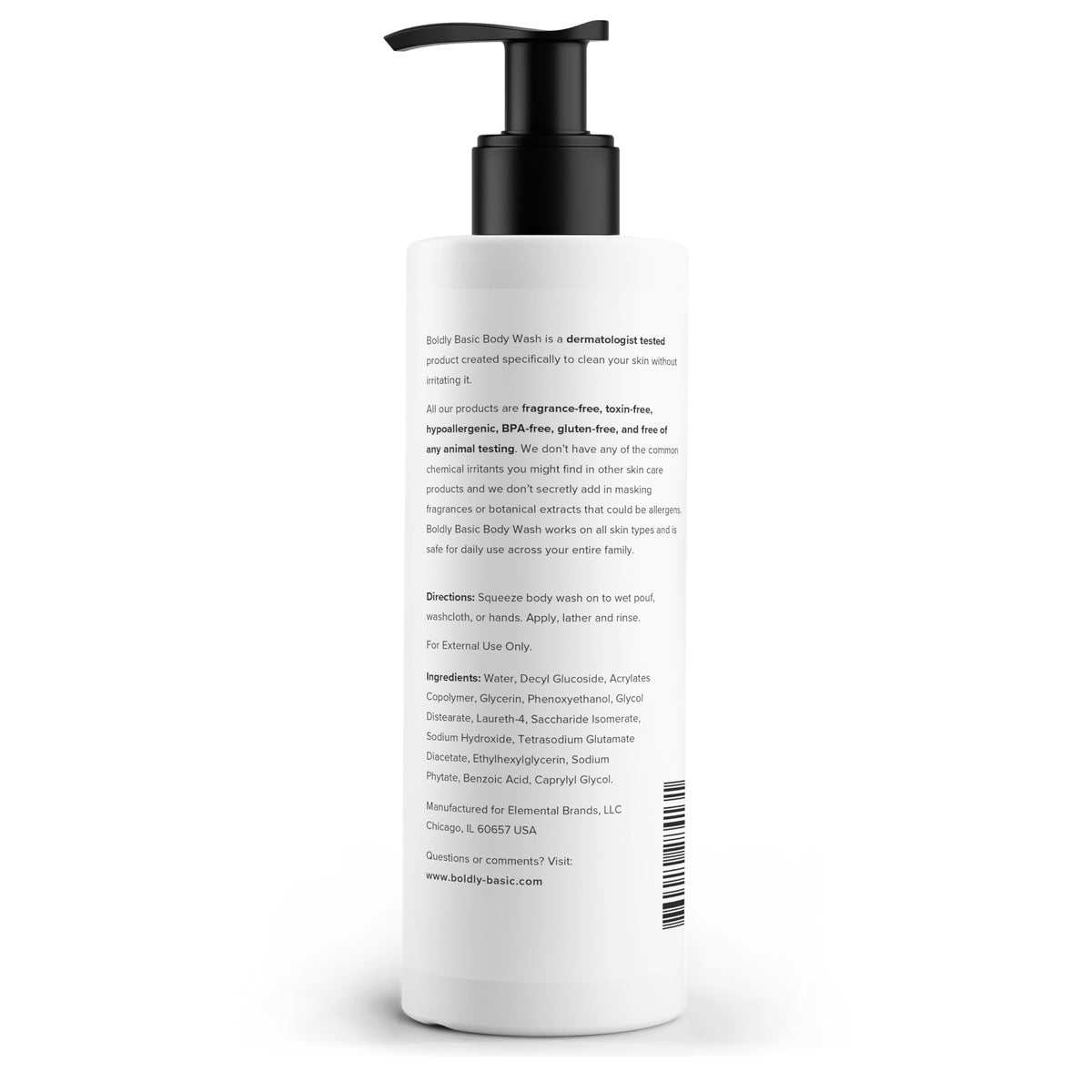 Boldly Basic label close-up highlighting fragrance-free and dermatologist-tested benefits