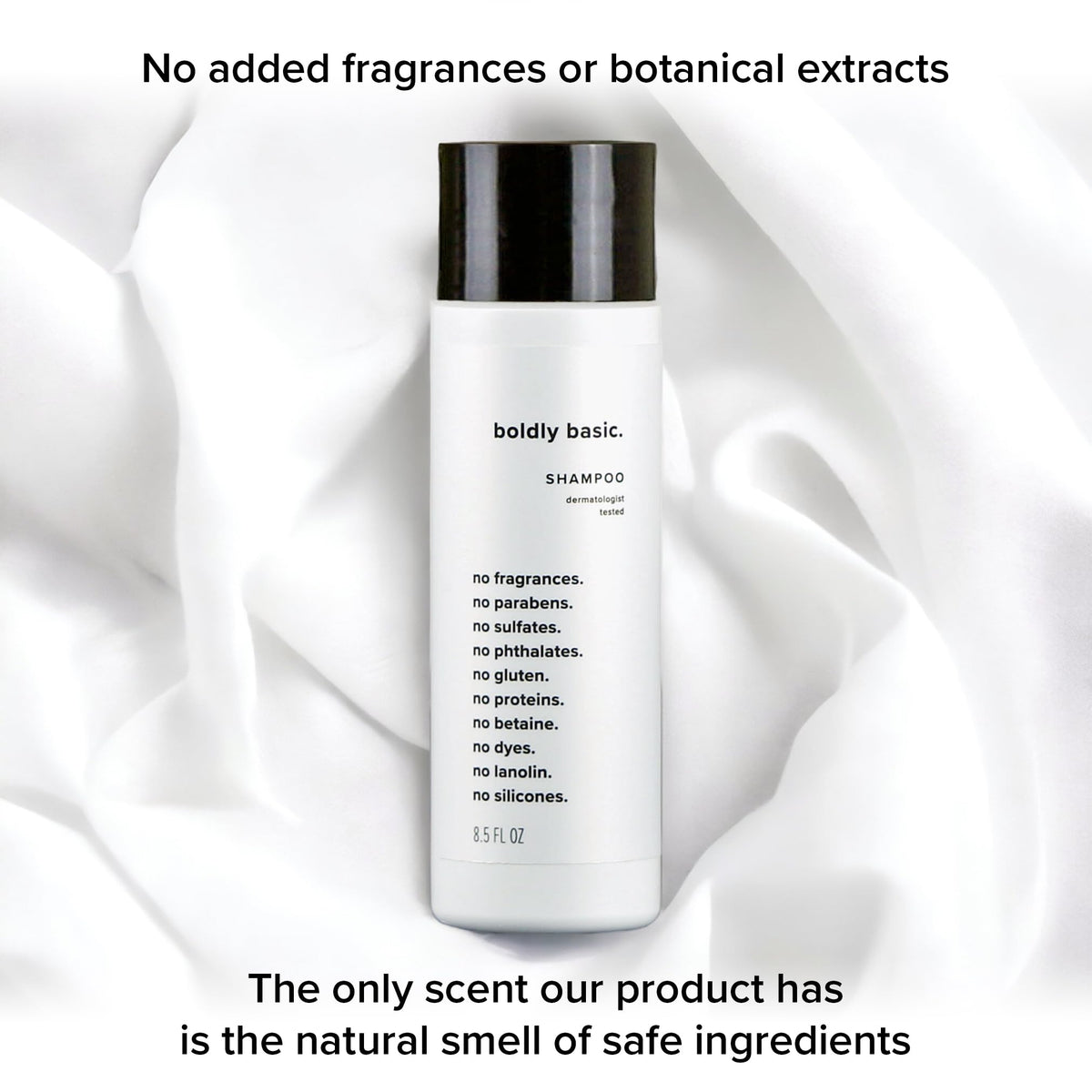 Boldly Basic shampoo on bathroom shelf for minimalist routine