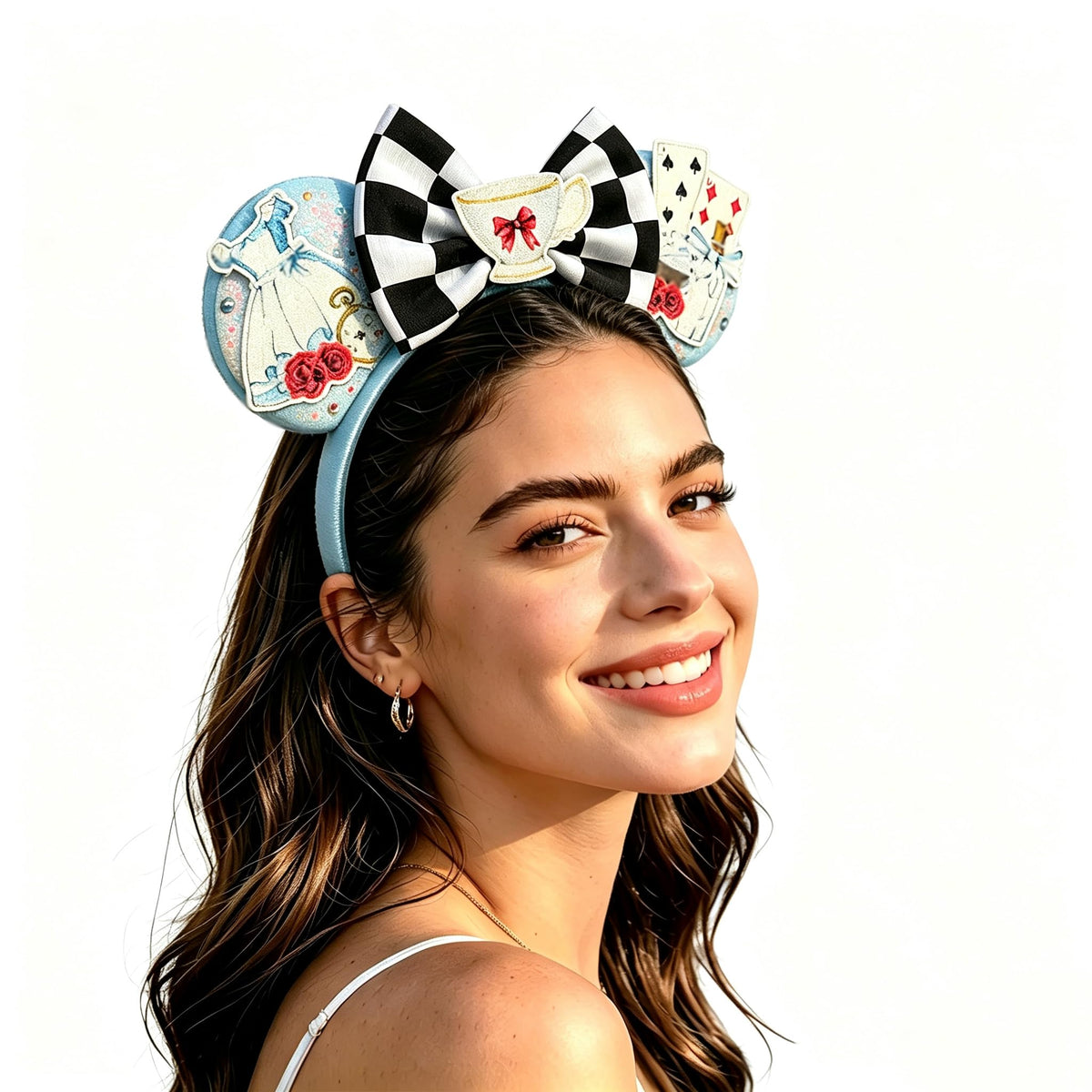 Bolonar checkered mouse ears headband front view showing sequins and beads, adds playful sparkle