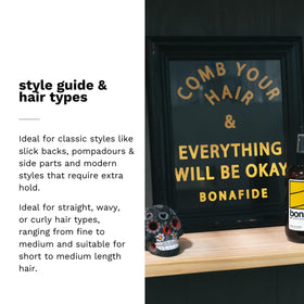 Comb applying Bona Fide Pomade to hair demonstrating easy styling benefit