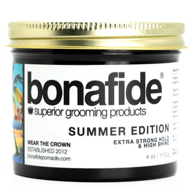 Bona Fide Pomade jar front view showing label and glossy finish benefit