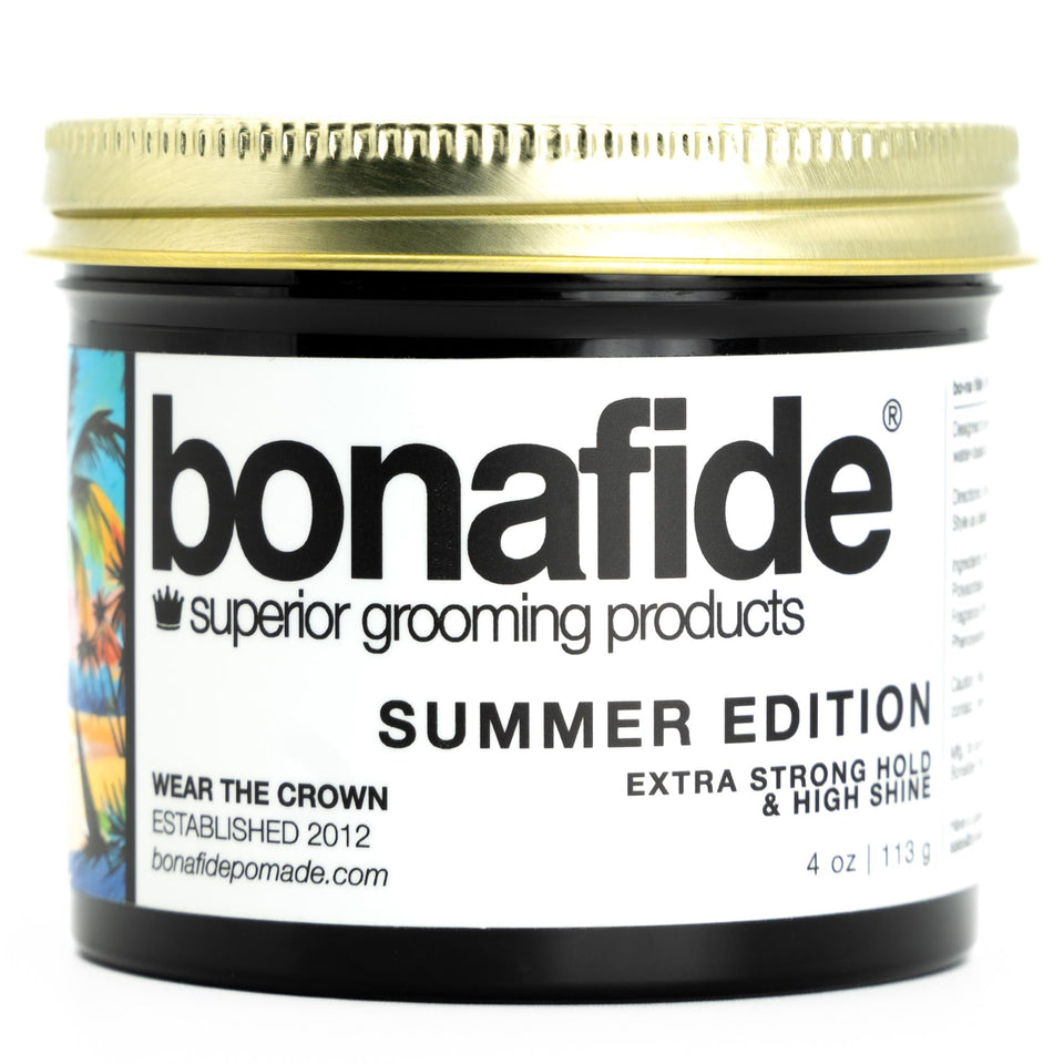 Bona Fide Pomade jar front view showing label and glossy finish benefit
