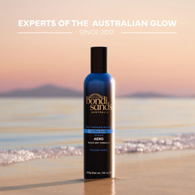 Bondi Sands can on bathroom shelf suggesting daily tanning routine and care