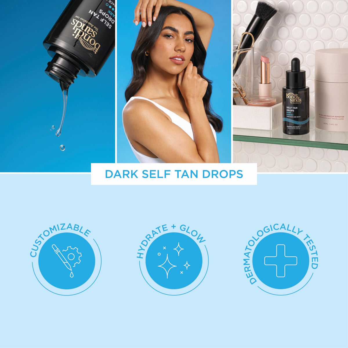 bondi sands applying mixed drops to cheek for natural bronze