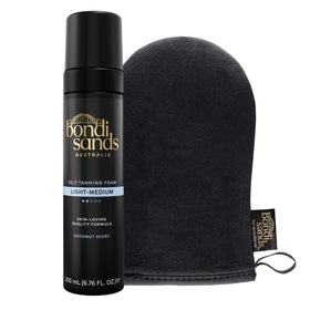 Bondi Sands front packaging showing foam and mitt for easy application