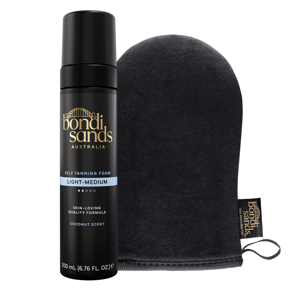 Bondi Sands front packaging showing foam and mitt for easy application