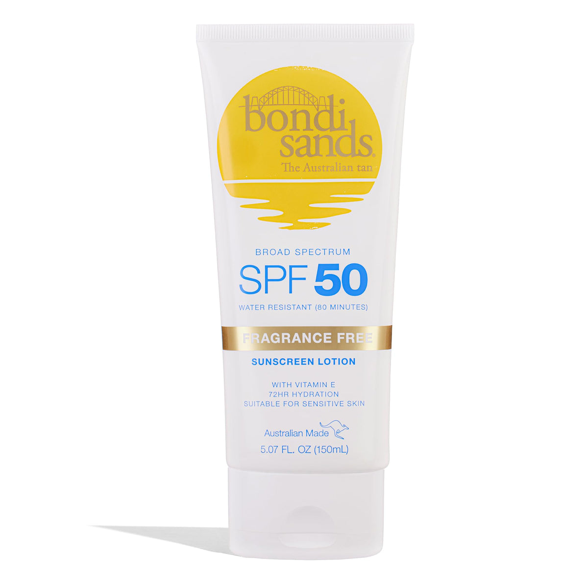 Bondi Sands sunscreen bottle front view showing SPF 50 and fragrance free benefit