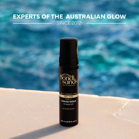 Bondi Sands next to a 200ml scale for size and travel-friendly benefit
