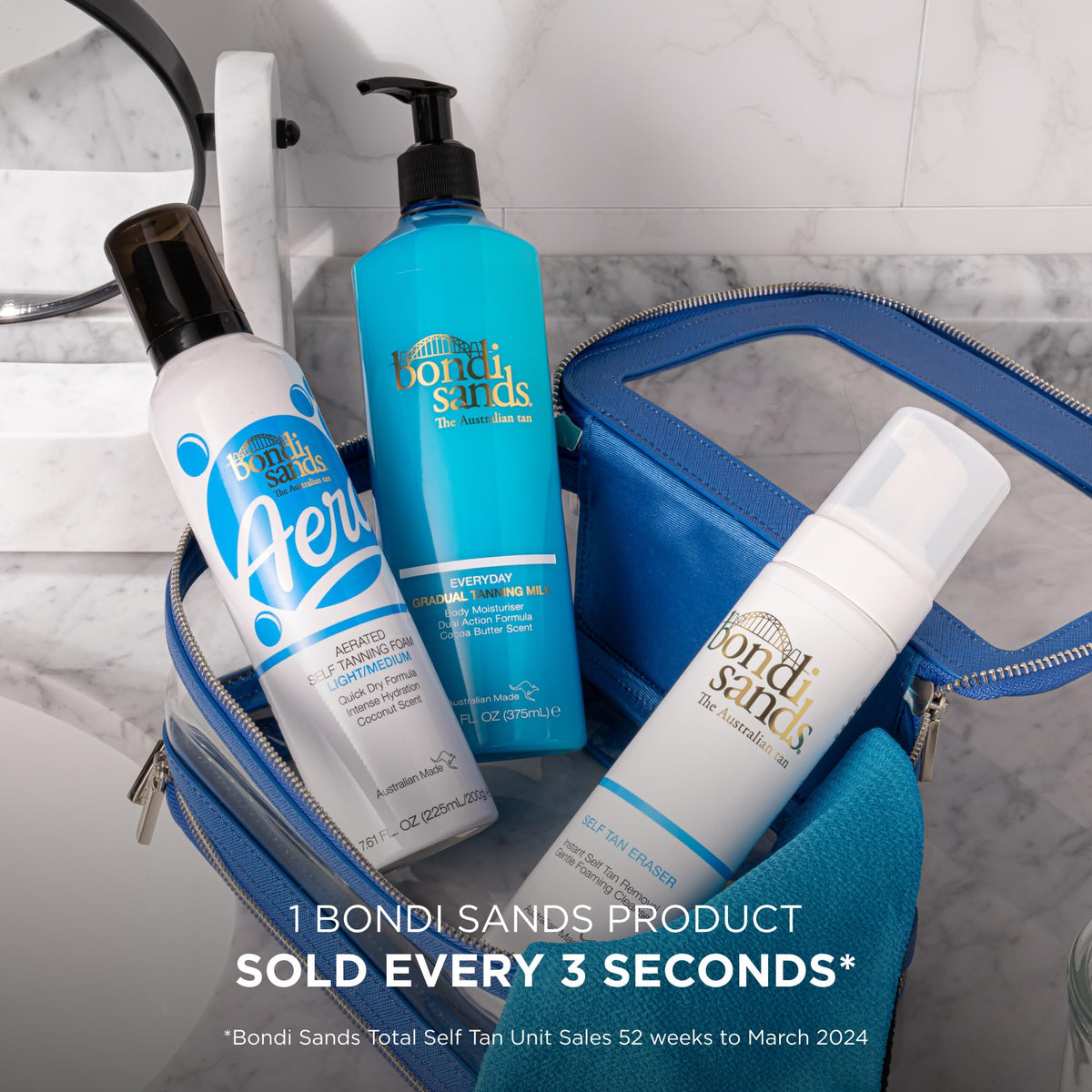 Bondi Sands label close-up highlighting aloe ingredient and Australian-made benefit