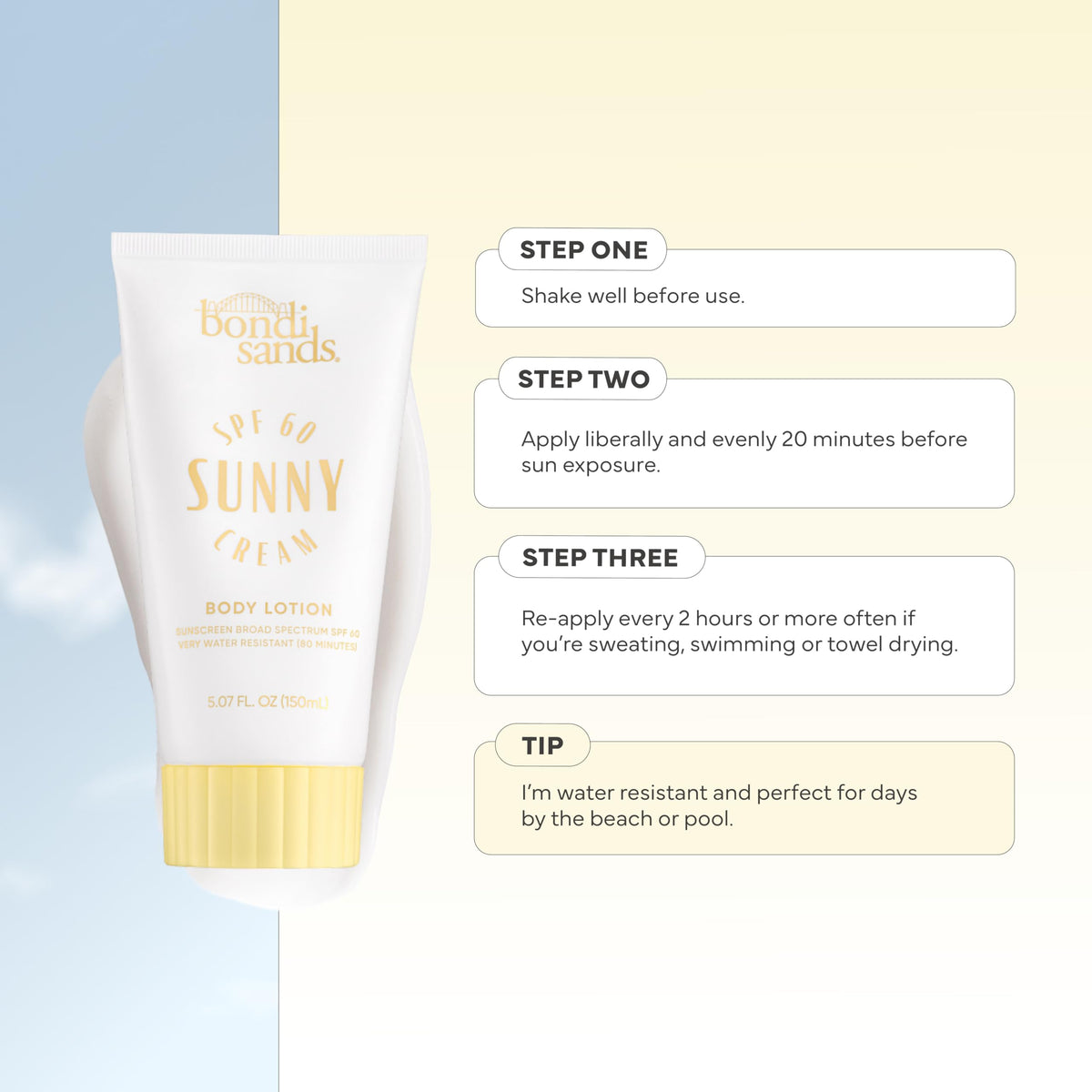 Bondi Sands bottle in beach bag illustrating travel-ready sun protection benefit