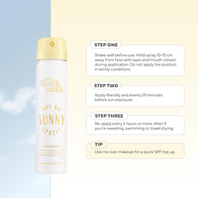 Bondi Sands Sunny Spritz being sprayed over makeup to show no-smudge reapplication benefit