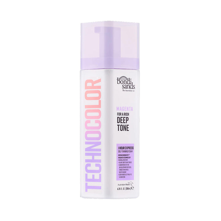 Bondi Sands front packaging showing magenta express foam and easy application benefit