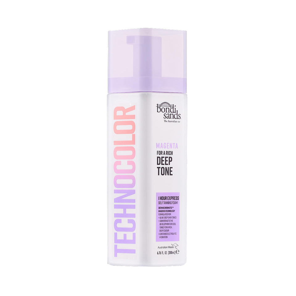 Bondi Sands front packaging showing magenta express foam and easy application benefit