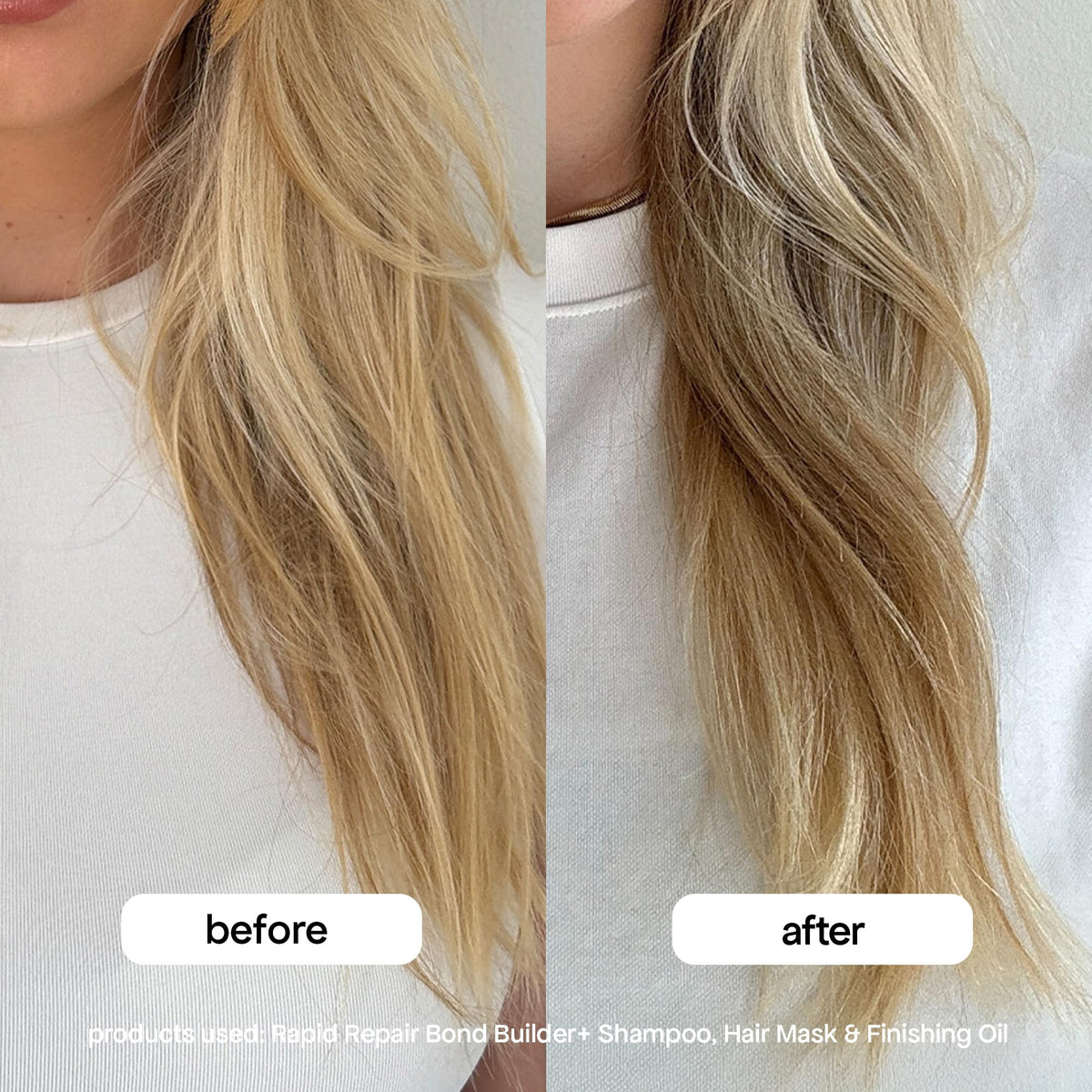BONDIBOOST before-and-after hair strands showing reduced breakage and smoother finish