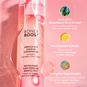 BONDIBOOST label close-up highlighting biotin and strawberry gum benefits