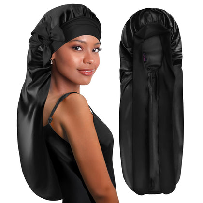 BONNET QUEEN front view of black extra long braid bonnet showing full shape and coverage