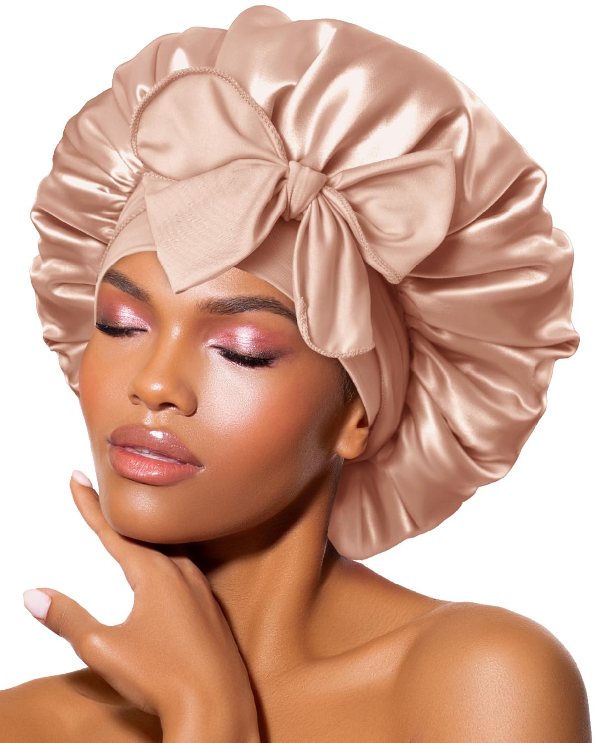 BONNET QUEEN front view champagne bonnet showing smooth fit and coverage