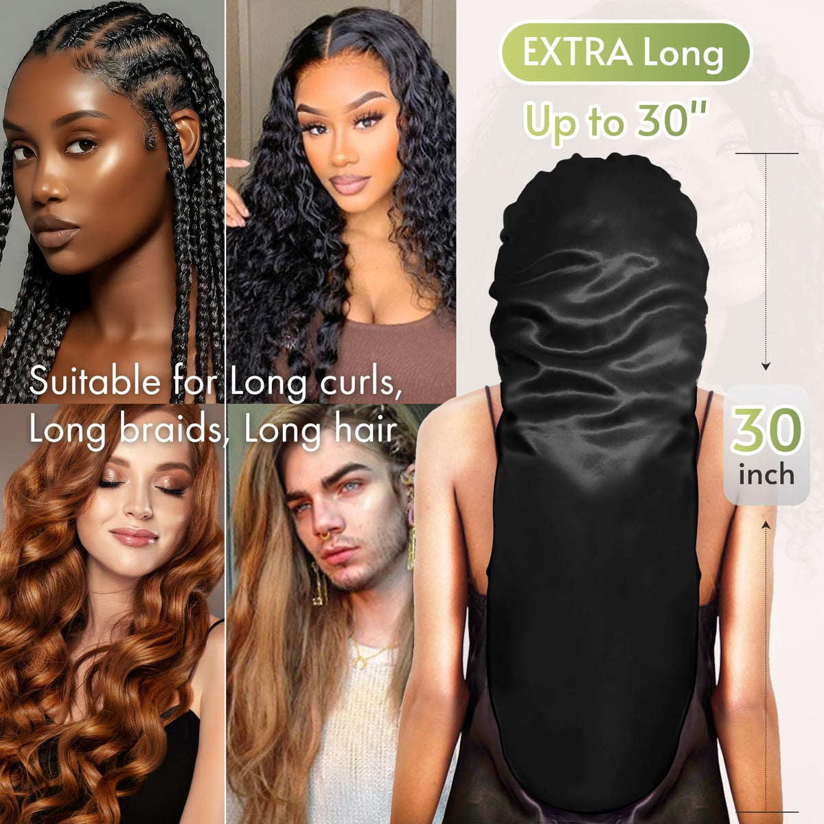 BONNET QUEEN flat laid bonnet showing full 30-inch length to hold long braids