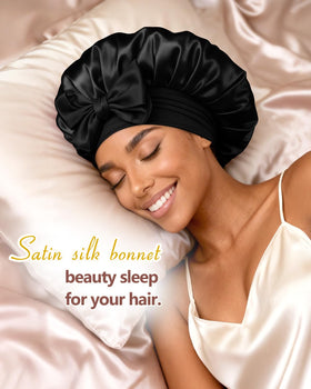 BONNET QUEEN in use on curly hair while sleeping for overnight hair protection