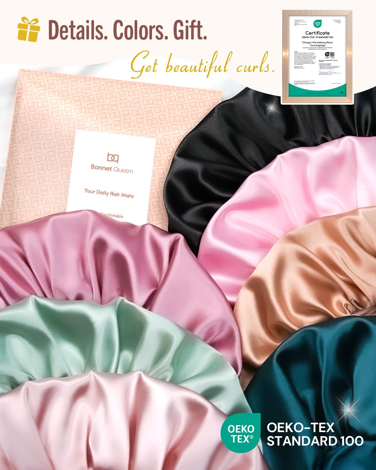 BONNET QUEEN beside a hand to show scale and roomy fit for voluminous hair