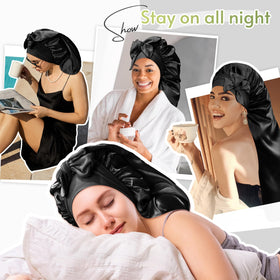 BONNET QUEEN model wearing bonnet while sleeping to show secure overnight hold