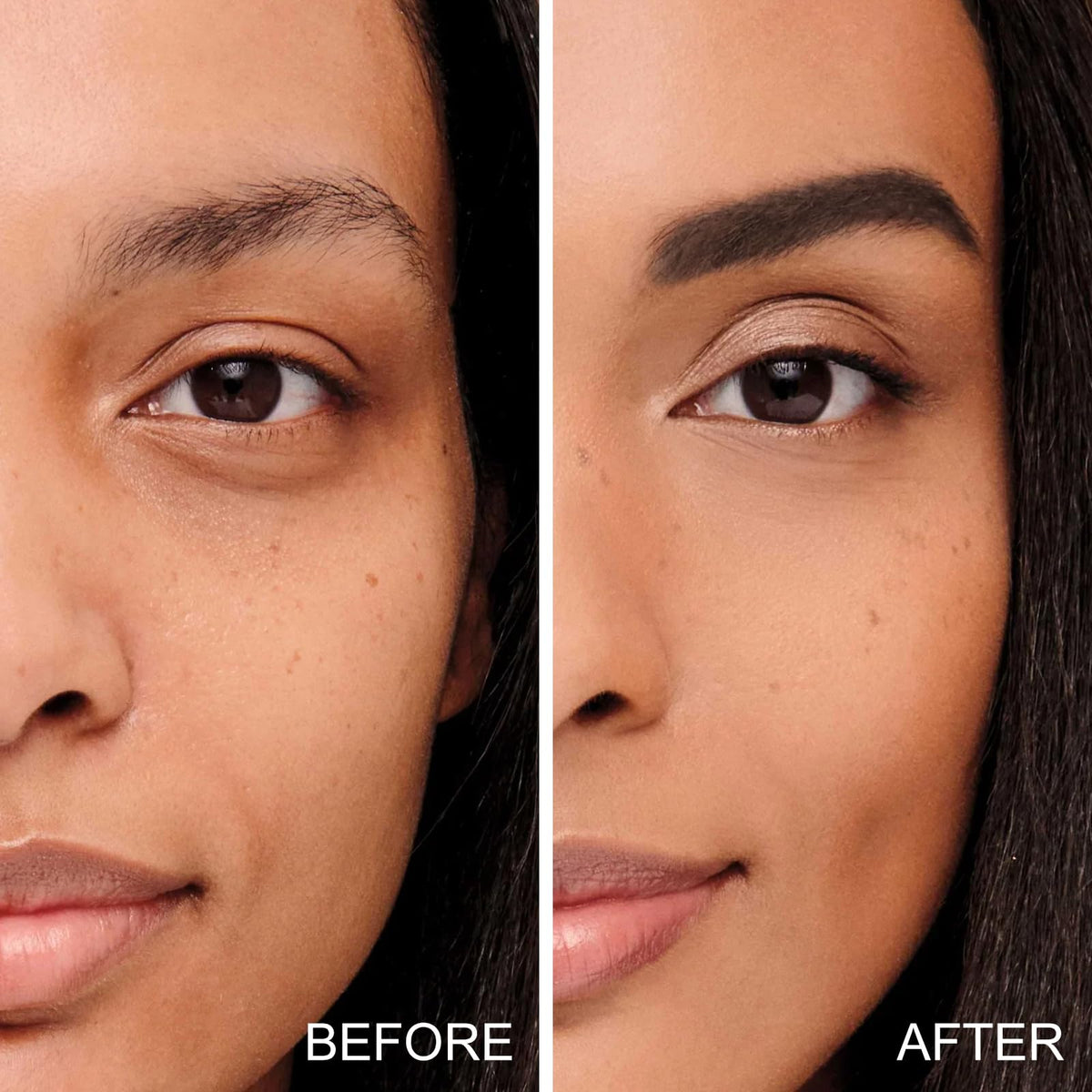 Boobeen brows before and after demonstrating fuller, defined brow effect