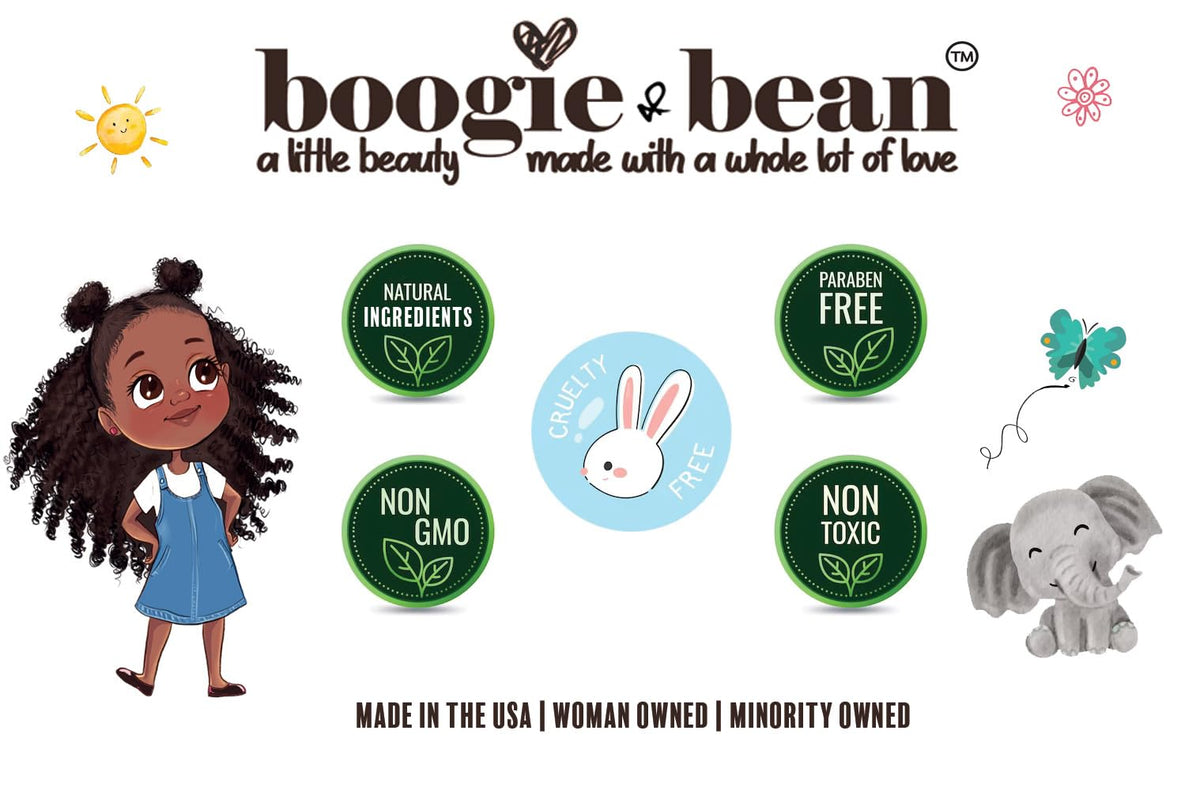 Boogie and Bean applied to curly hair demonstrating defined, moisturized curls