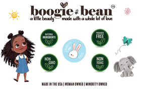 Boogie and Bean applied to curly hair demonstrating defined, moisturized curls