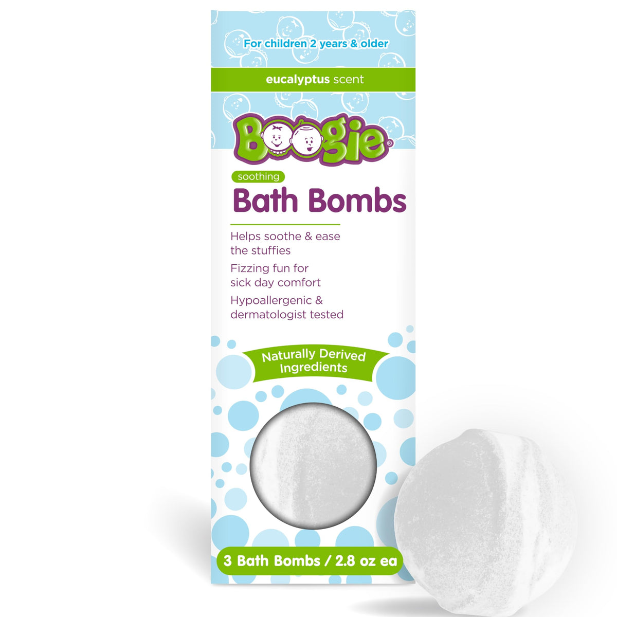 Boogie front packaging showing three calming bath bombs and benefits