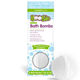 Boogie front packaging showing three calming bath bombs and benefits