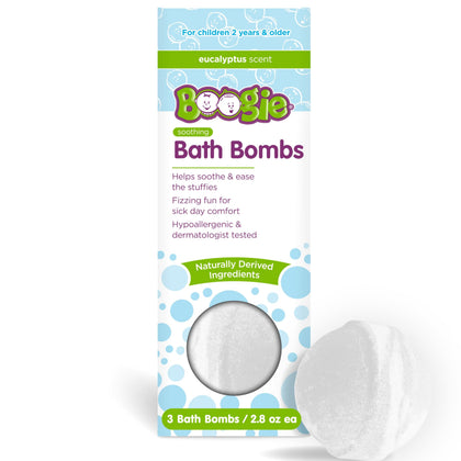 Boogie front packaging showing three calming bath bombs and benefits