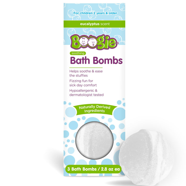 Boogie front packaging showing three calming bath bombs and benefits