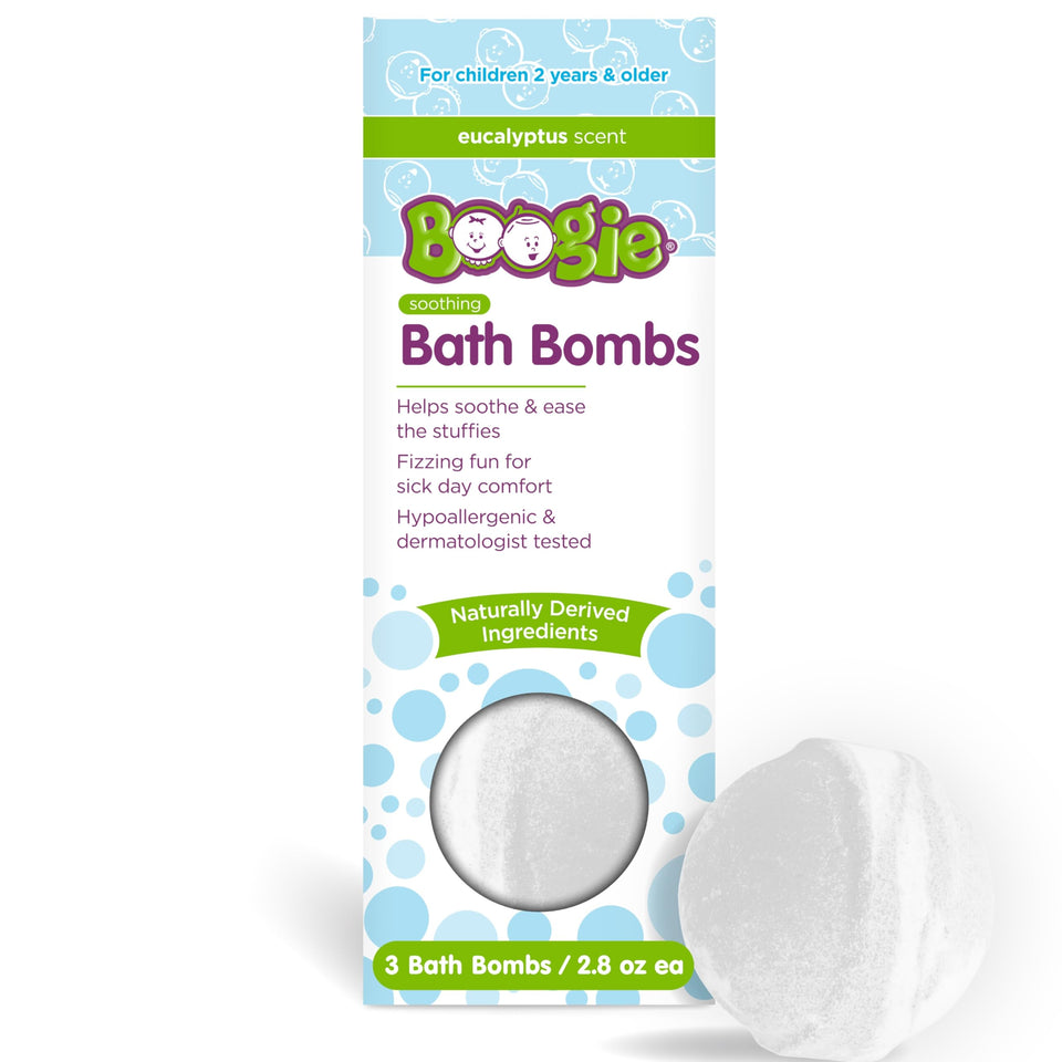 Boogie front packaging showing three calming bath bombs and benefits