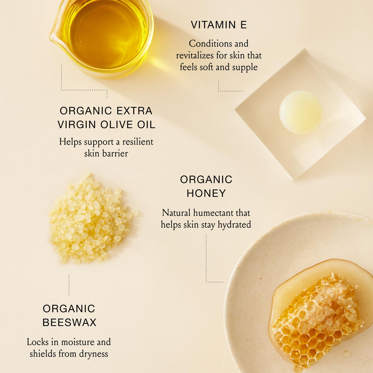 BOOM! by Cindy Joseph natural ingredient arrangement highlighting olive oil and beeswax benefits