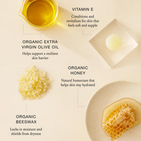 BOOM! by Cindy Joseph olive oil and beeswax ingredients display highlighting natural nourishment
